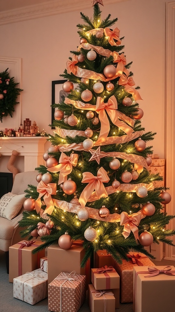 A rose gold decorated Christmas tree with ornaments and lights in a cozy living room.